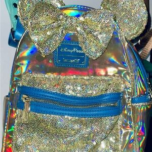 EUC Loungefly WDW 50 Anniversary Iridescent Gold and Sequin Minnie Mini Backpack